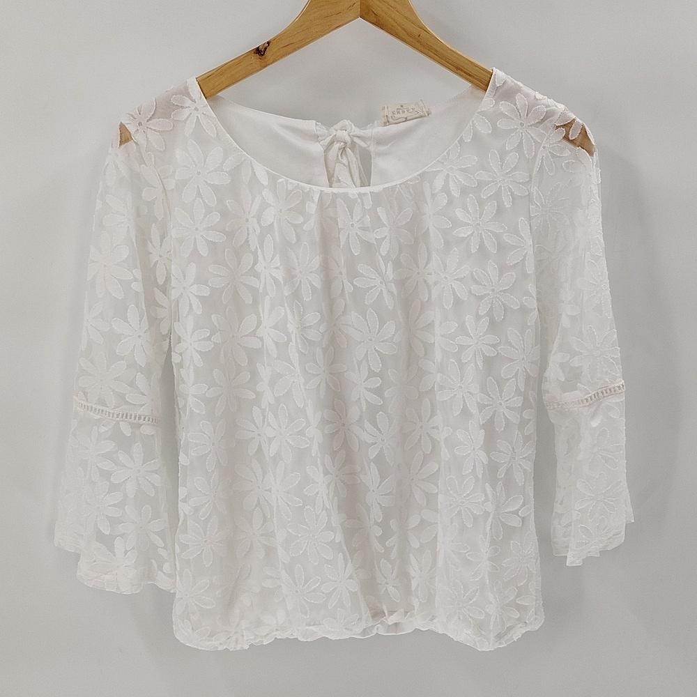 Ember Blouse Medium White Floral Lace Overlay Romantic Sheer Sleeve Crop